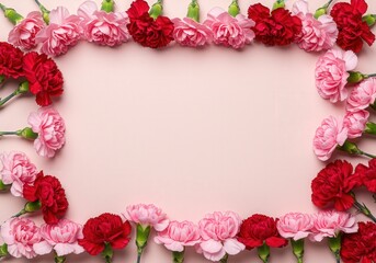 Floral frame made of pink and red carnations arranged on a light pink background to create a copy space.