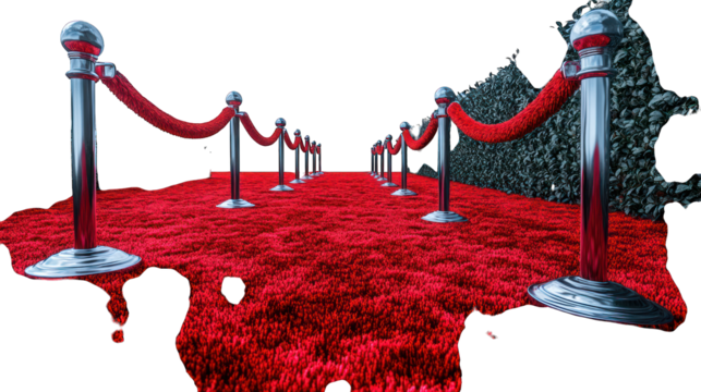 Red carpet stanchions with velvet ropes displayed on a white background