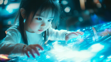 A kid girl learns online using futuristic technology. The concept of the integration of advanced digital tools in education, and learning experiences for the future generation. Generative AI.