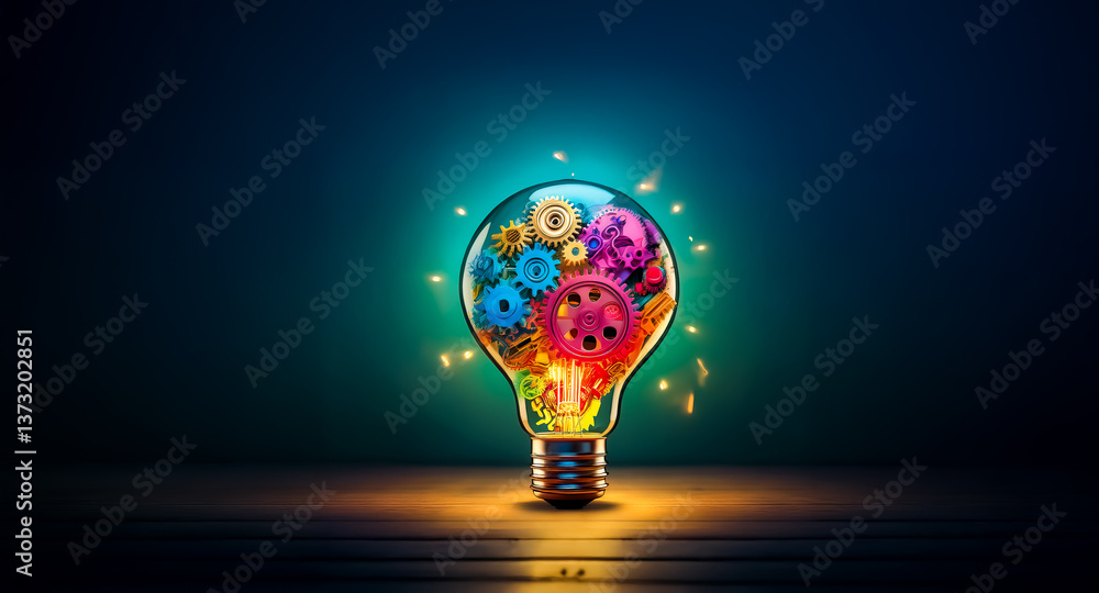 Poster an illuminated light bulb filled with colorful gears is glowing and placed on a reflective surface w