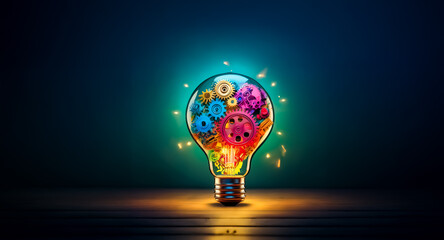 An illuminated light bulb filled with colorful gears is glowing and placed on a reflective surface with a dark backdrop.