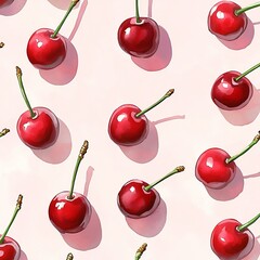 vibrant red cherries with green stems on pastel pink