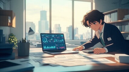 Anime worker analyzes financial data inside office with cityscape during daytime