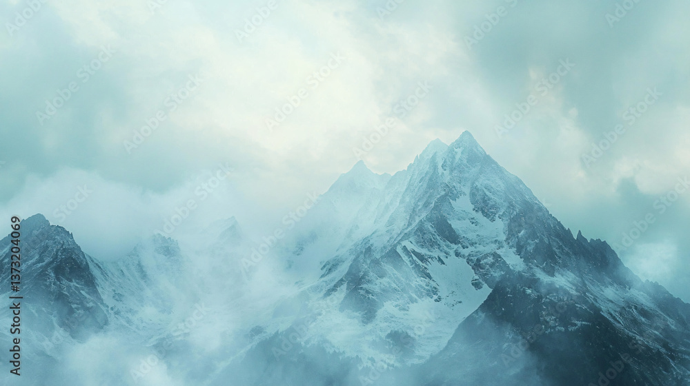 Poster ethereal mountain range embraced by soft mist and gentle illumination creating a dreamy landscape sc