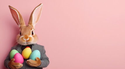 Obraz premium cute bunny in suit holding colorful Easter eggs against pink background