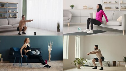 A collection of individuals performing different fitness exercises in home settings. The activities include squats, chair dips, and stretching, promoting a healthy lifestyle for everyone.