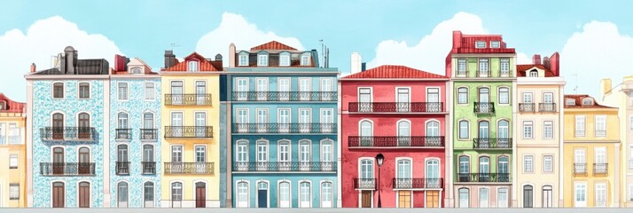 Grand Portuguese architecture features ornate azulejo tiles and balconies against a pastel backdrop