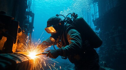 Underwater welder performs welding operation on shipwreck structure underwater detailed