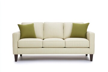 Stylish modern sofa with plush cushions and green accent pillows placed against a white background showcases comfortable living space decor options
