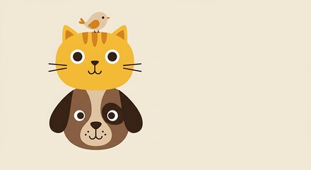 A cheerful cat and dog stack, a tiny bird perched happily on top, a whimsical illustration in warm, muted tones.