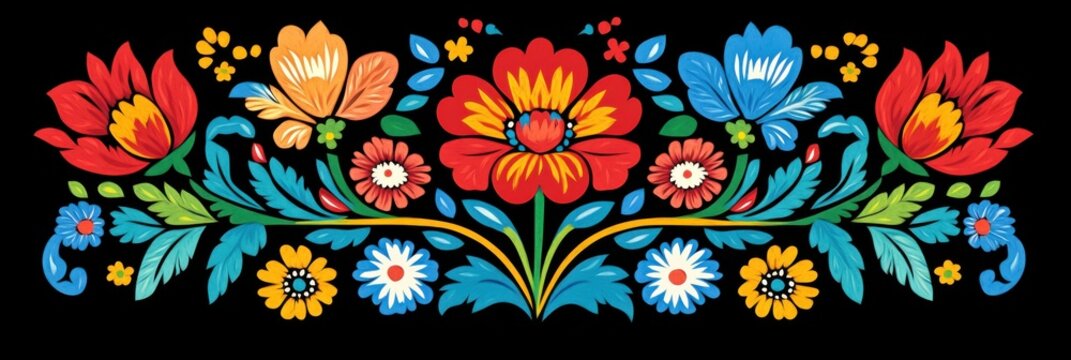 Colorful floral motifs in Polish Wycinanki folk art design on black background