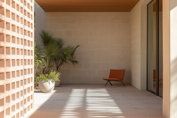 Brick, stone, concrete, breeze blocks range wall around minimalistic modern courtyard lounge patio, taupe cement block in a unique designed wall pattern in 1960s 1970s Palm springs, California style