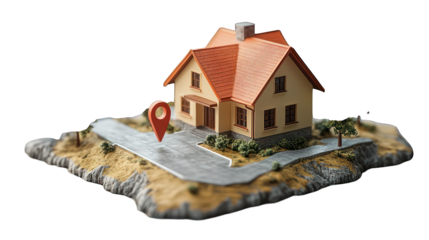 Real estate icon featuring a house with a location pin on a floating plot of land shown on a white background
