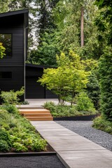 Stylish modern home surrounded by lush greenery with a stone pathway leading to the entrance in a tranquil forest setting