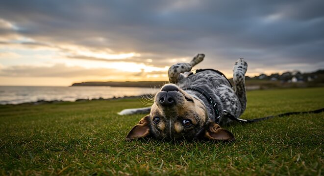A playful speckled dog enjoys a sunset roll on the grass, bathed in warm golden light near a calm ocean.
