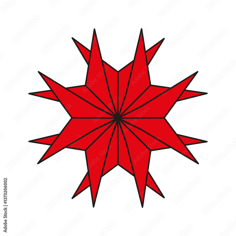 Poster red star shape. geometric snowflake symbol. vector symmetry pattern. white background contrast.