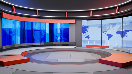 3D Virtual TV Studio News, Backdrop For TV Shows .TV On Wall.3D Virtual News Studio Background,3d illustration