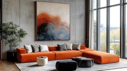 Minimalist home interior design of modern living room. Room with orange sofa, abstract art, modern decor, and large window.

