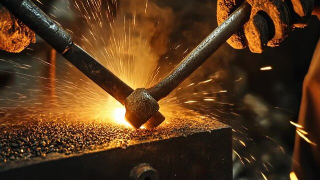 Craftsmanship shines through blacksmithing sparks at a workshop in the early evening