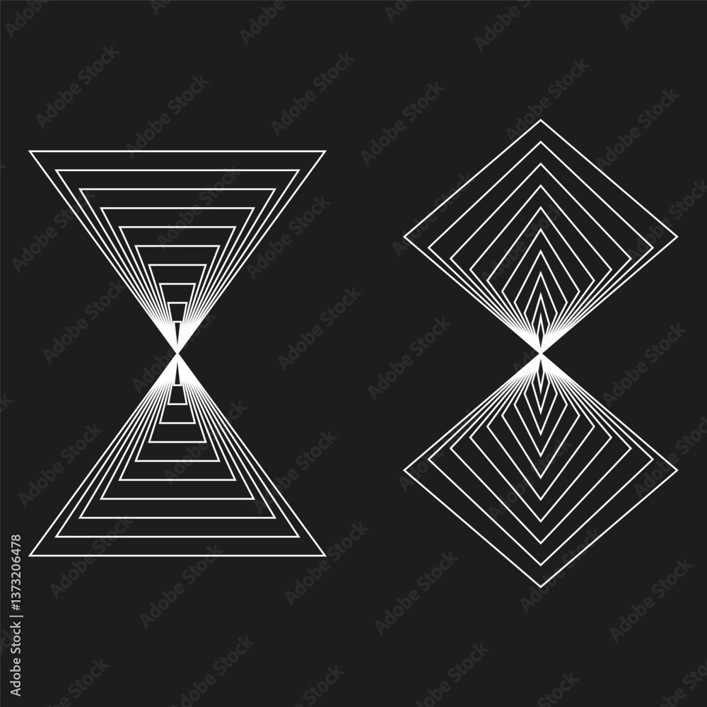 Poster double triangle illusion. symmetrical shape design. abstract vector hourglass. black background line