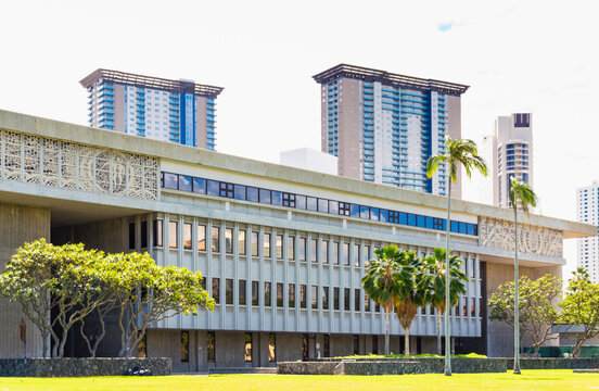 Exterior view of the Kalanimoku State Office Building in Honolulu which serves as a central hub for various state government offices and agencies.