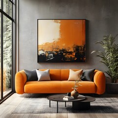 Minimalist home interior design of modern living room. Room with orange sofa, abstract art, modern decor, and large window.

