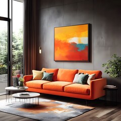 Minimalist home interior design of modern living room. Room with orange sofa, abstract art, modern decor, and large window.

