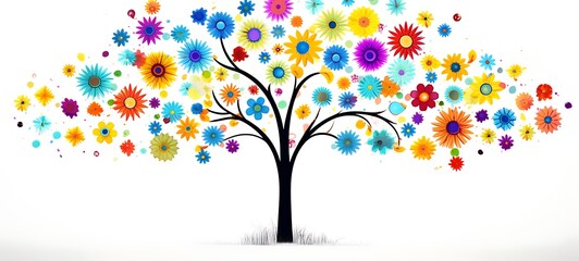White background with drawings of colorful sun flower Tree for children, ai generative