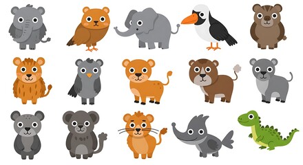 A cheerful collection of adorable jungle animals, perfect for children's books or educational resources, featuring bright colors and simple shapes.