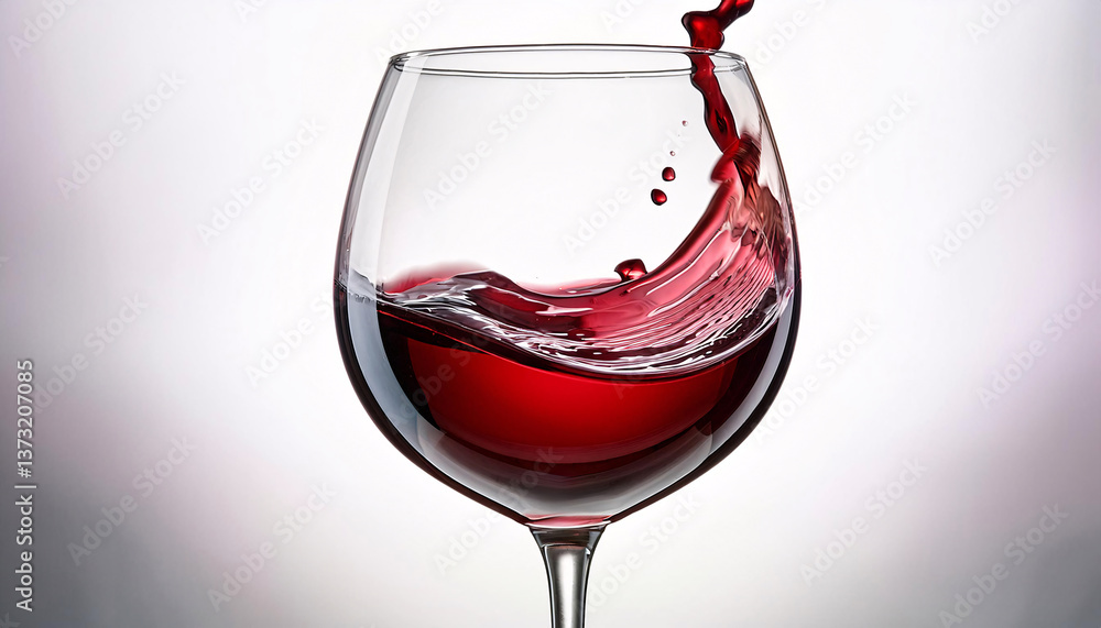 Poster dynamic red wine splash in a clear glass against a gradient background. generative ai