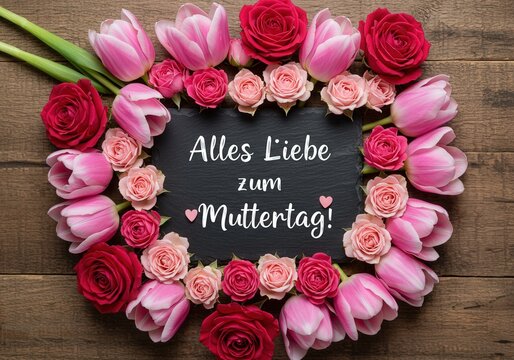 A colorful arrangement of pink tulips and roses surrounds a slate board with 'Alles Liebe zum Muttertag!'.