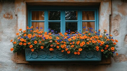 Naklejka premium Vibrant window box with orange and blue flowers. 