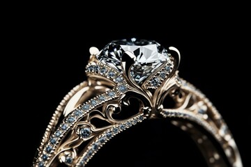 Ornate Rose Gold Diamond Ring with Blue Accents on Black Background