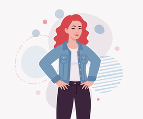 Woman with dyed red hair wearing denim jacket sure pose. Attractive bright female, trendy sporty look, jeans for relaxed city life style. Vector flat style cartoon illustration creative background