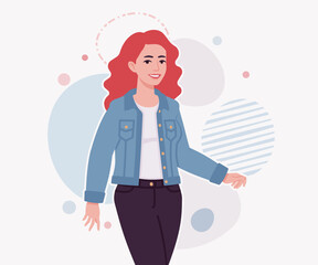Woman with dyed red hair wearing denim jacket walk pose. Attractive bright female, trendy sporty look, jeans for relaxed city life style. Vector flat style cartoon illustration creative background