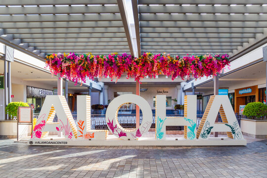 The Aloha sign welcoming shoppers inside the Ala Moana Center, the world's largest open-air shopping center.