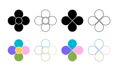 Set of flower silhouettes with 4 petals and core. Floral pie chart divided on four equal slices in leaf shapes isolated on white background. Diagram templates. Vector graphic illustration.