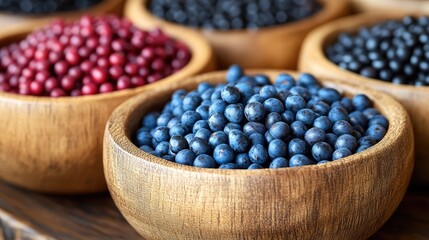 Wooden bowls filled with colorful berries, a vibrant display of nature's bounty