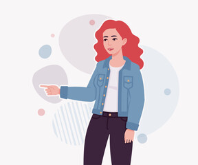 Woman with dyed red hair wearing denim jacket showing pose. Attractive bright female, trendy sporty look, jeans for relaxed city life style. Vector flat style cartoon illustration creative background