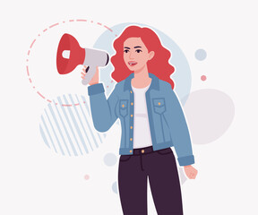 Woman with dyed red hair, denim jacket loud speaker pose. Attractive bright female, trendy sporty look, jeans for relaxed city life style. Vector flat style cartoon illustration creative background