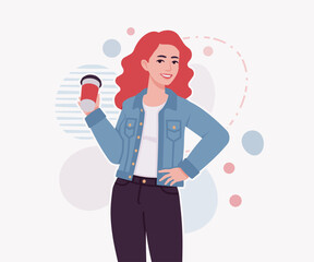 Woman with dyed red hair wearing denim jacket, coffee cup. Attractive bright female, trendy sporty look, jeans for relaxed city life style. Vector flat style cartoon illustration creative background