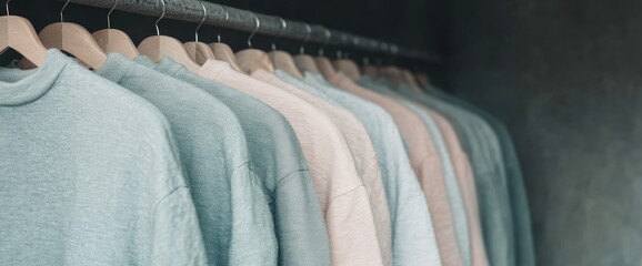 Sweaters hang neatly on hangers in wardrobe, muted color palette, cozy & organized clothing
