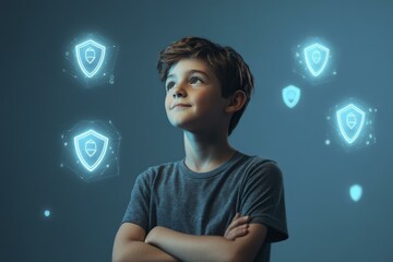 Boy with Digital Protection Shields Floating Around Him on Blue Background