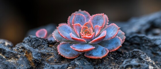 A captivating blue succulent with a red rim sitting atop a textured dark rock