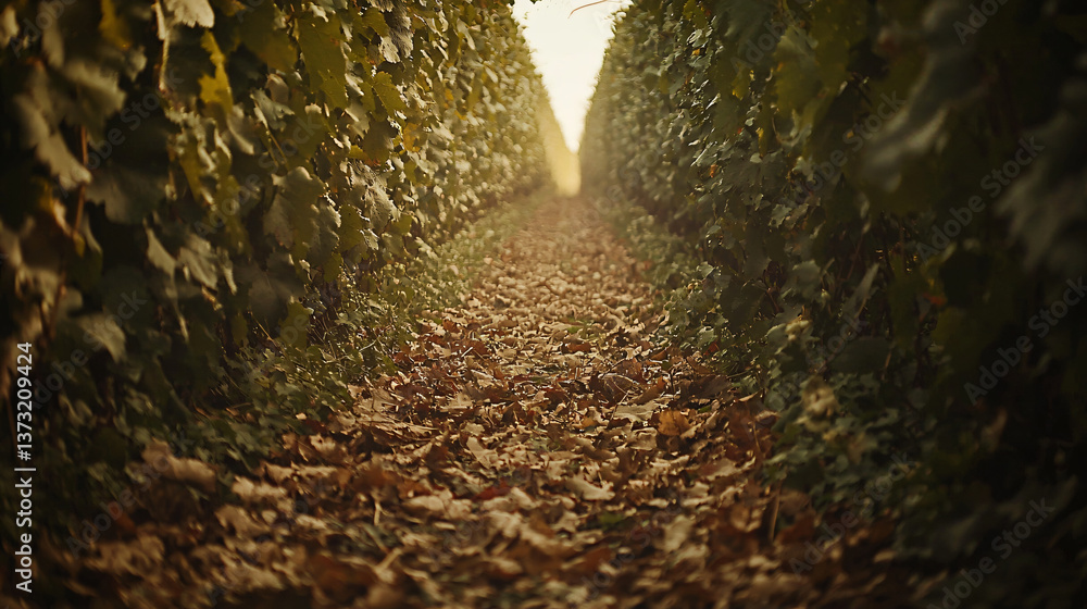 Poster autumn leaves gently resting on the ground in a peaceful vineyard with moody shadow play creating an