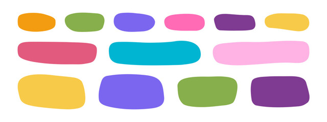 Set of cute shapes in doodle style. Organic forms for text boxes, tags, speech or message bubbles isolated on white background. Hand drawn asymmetric geometric figures. Vector flat illustration.