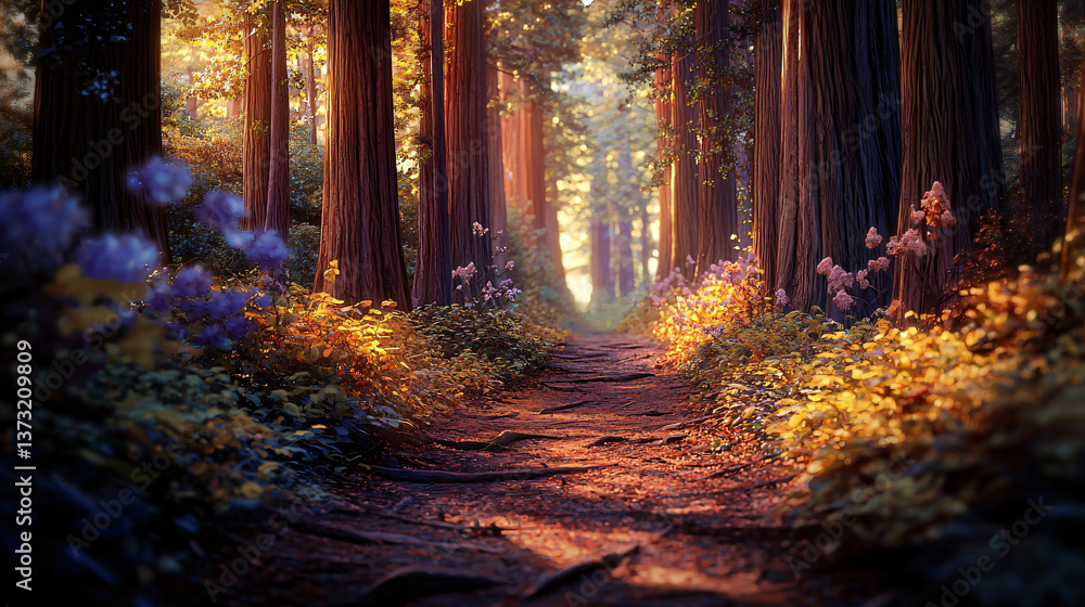 Poster serene pathway through a lush redwood forest illuminated by low-key natural lighting creating a tran