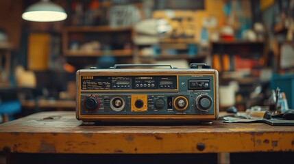Vintage radio on workbench in a workshop