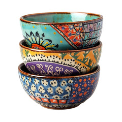 A Set of Colorful Ceramic Ramekins with Intricate Designs Isolated on Transparent Background
