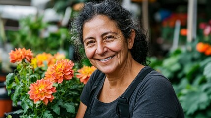 Woman smiles while tending to vibrant orange flowers in a bustling garden center during bright daylight hours